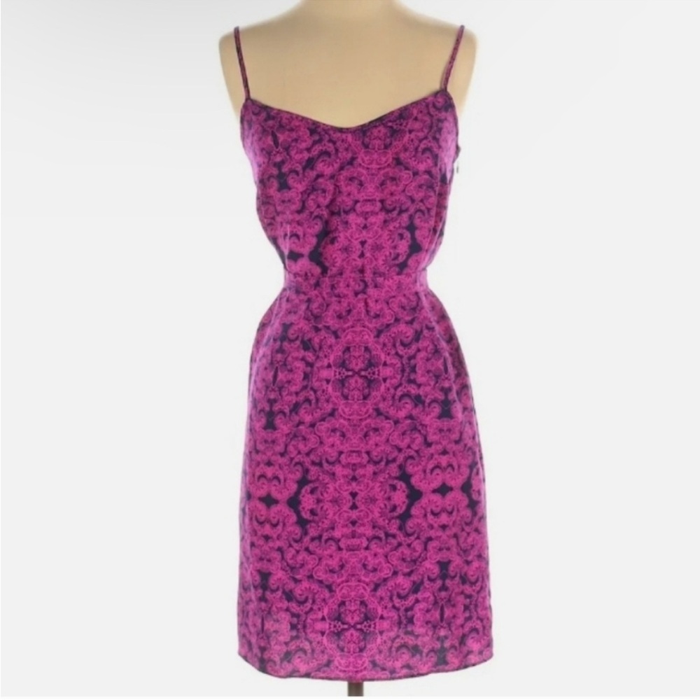 Magenta Navy Blue Damask Scroll Print Spaghetti Strap Mini Slip Dress Tie Waist
